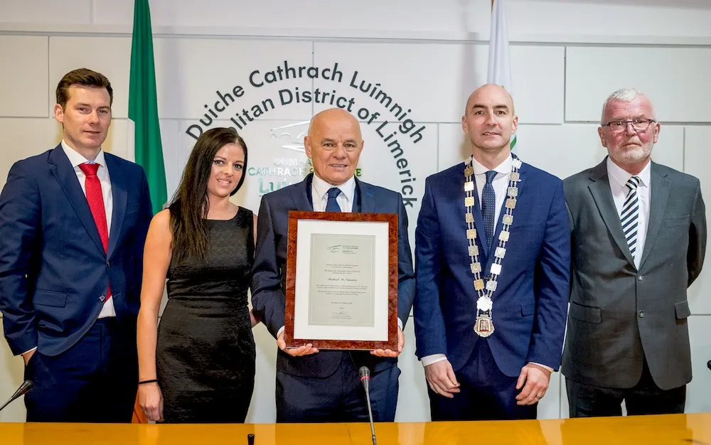 Michael McNamara receives a scroll from the Mayor of Limerick, Daniel Butler (Photo credit: Keith Wiseman) Michael McNamara receives a scroll from the Mayor of Limerick, Daniel Butler (Photo credit: Keith Wiseman)
