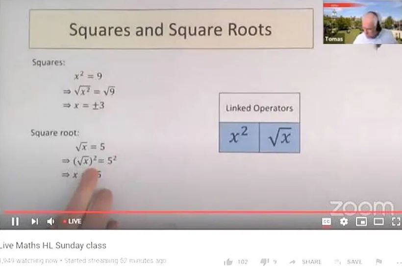 Online maths revision Screenshot of a Zoom video, showing instruction on squares and square roots