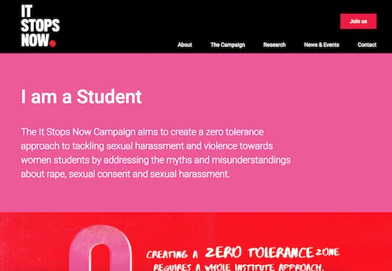 Homepage of It Stops Now's student section Homepage of It Stops Now's student section