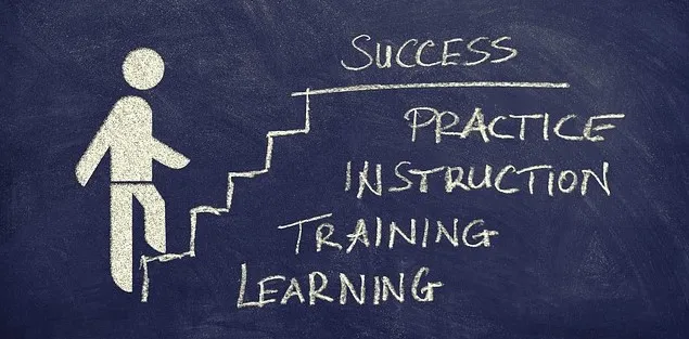 Succeed with Griffith College A figure climbing a staircase to success, with the steps labelled, from bottom to top, Learning, Training, Instruction and Practice