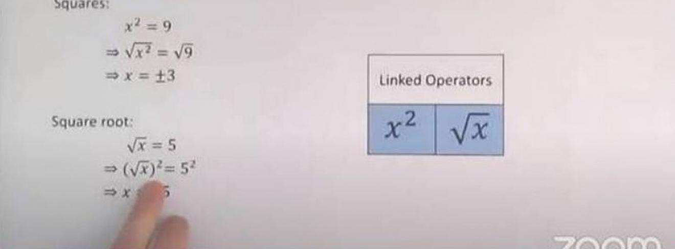Online maths revision Screenshot of a Zoom video, showing instruction on squares and square roots