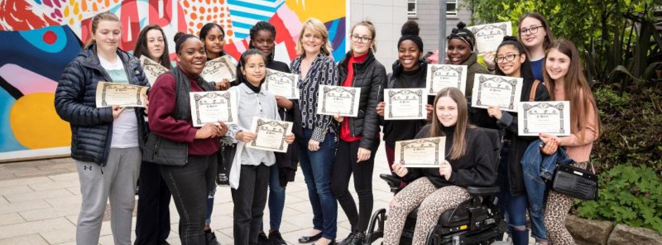 Outreach Drama Programme students at Griffith College Dublin Loreto College Crumlin students pose with their certificates at Griffith College Dublin